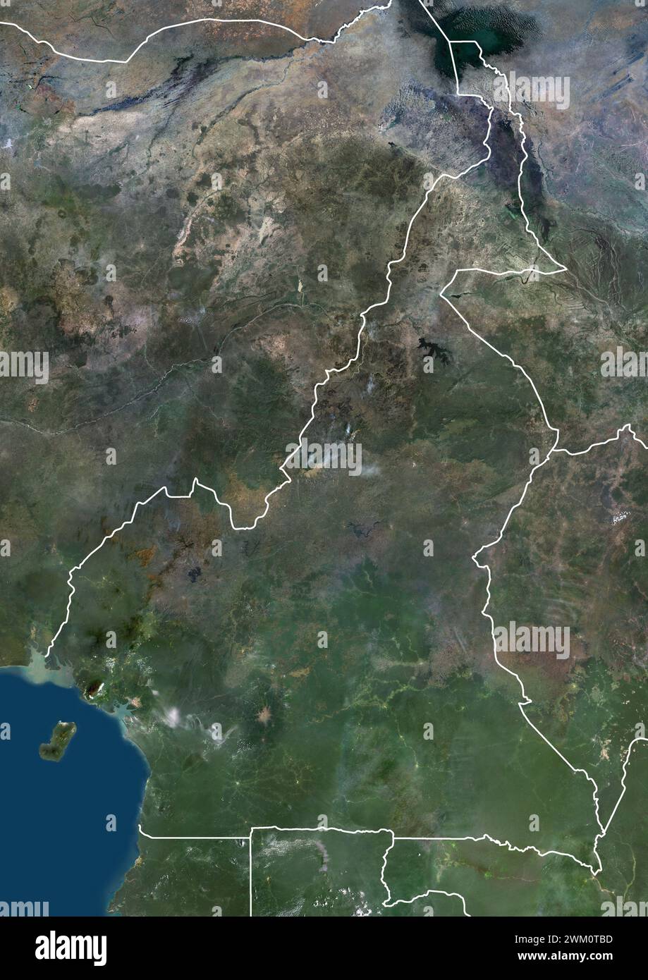 Farb-Satellitenbild Kameruns und der Nachbarländer mit Grenzen. Stockfoto