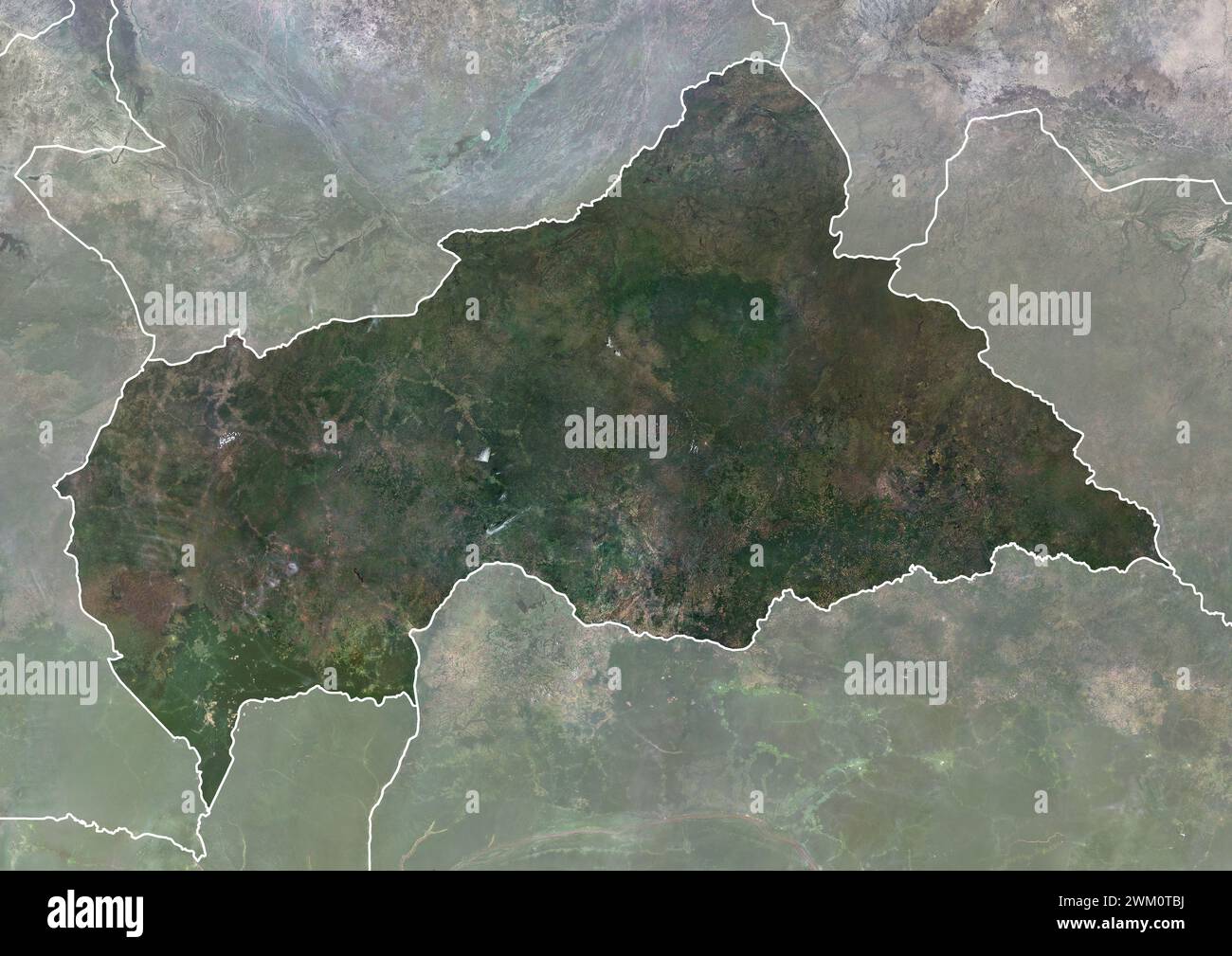 Farb-Satellitenbild der Zentralafrikanischen Republik, mit Grenzen und Maske. Stockfoto