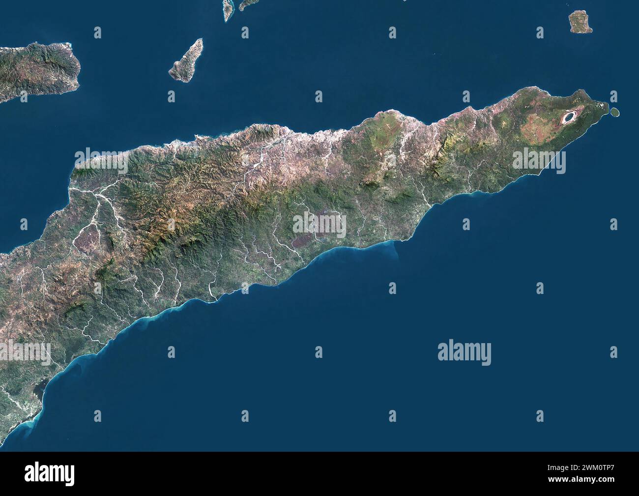 Farb-Satellitenbild von Osttimor und dem benachbarten Indonesien. Stockfoto