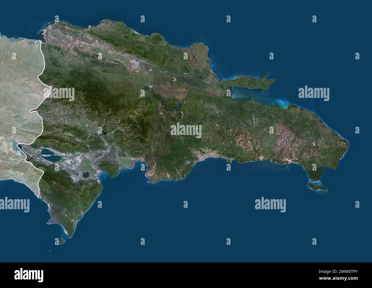 Farb-Satellitenbild der Dominikanischen Republik, mit Grenzen und Maske. Stockfoto