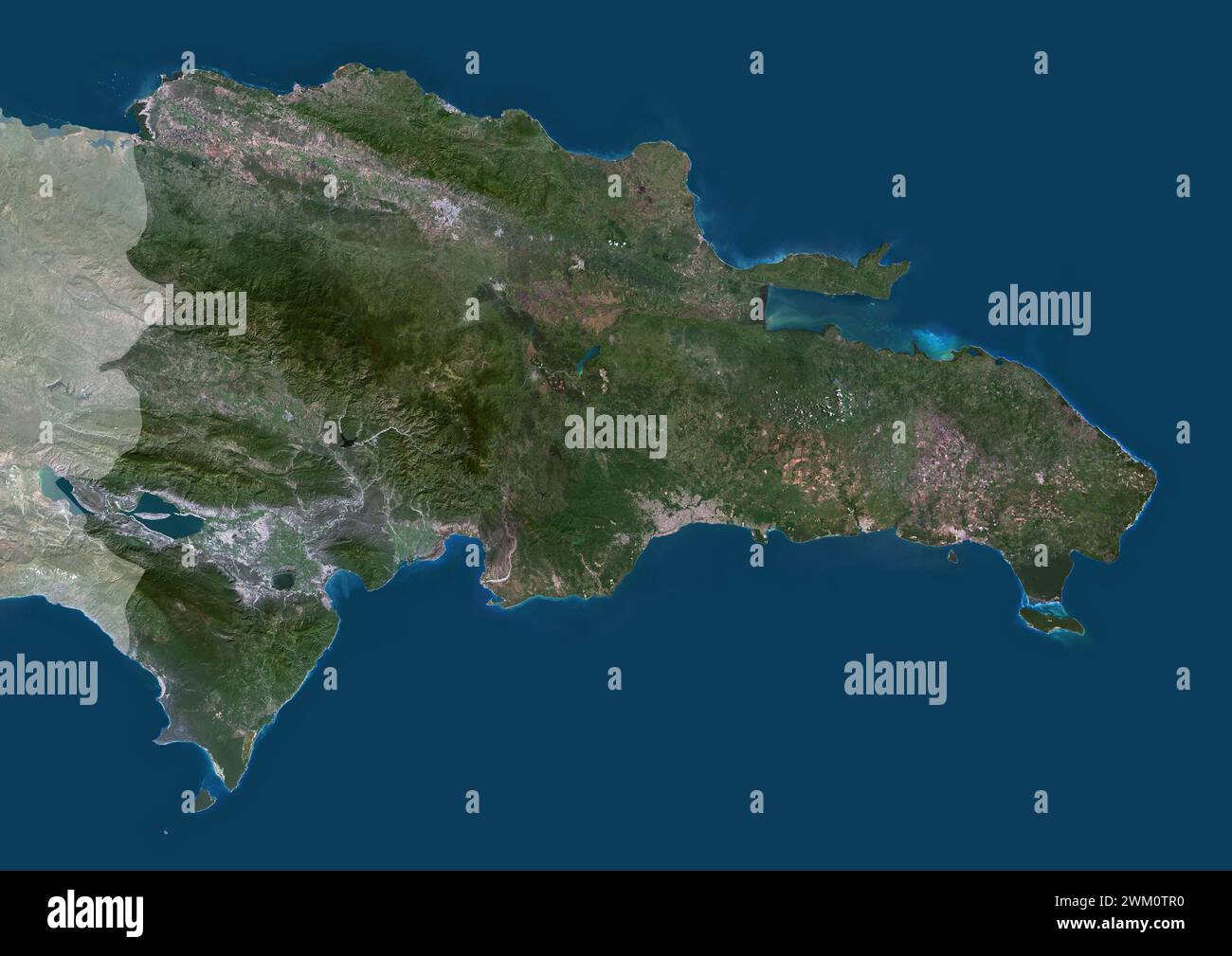 Farb-Satellitenbild der Dominikanischen Republik, mit Maske. Stockfoto