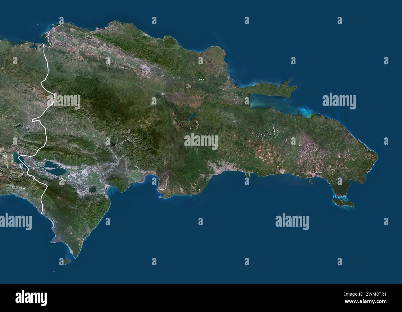 Farb-Satellitenbild der Dominikanischen Republik, mit Grenzen. Stockfoto