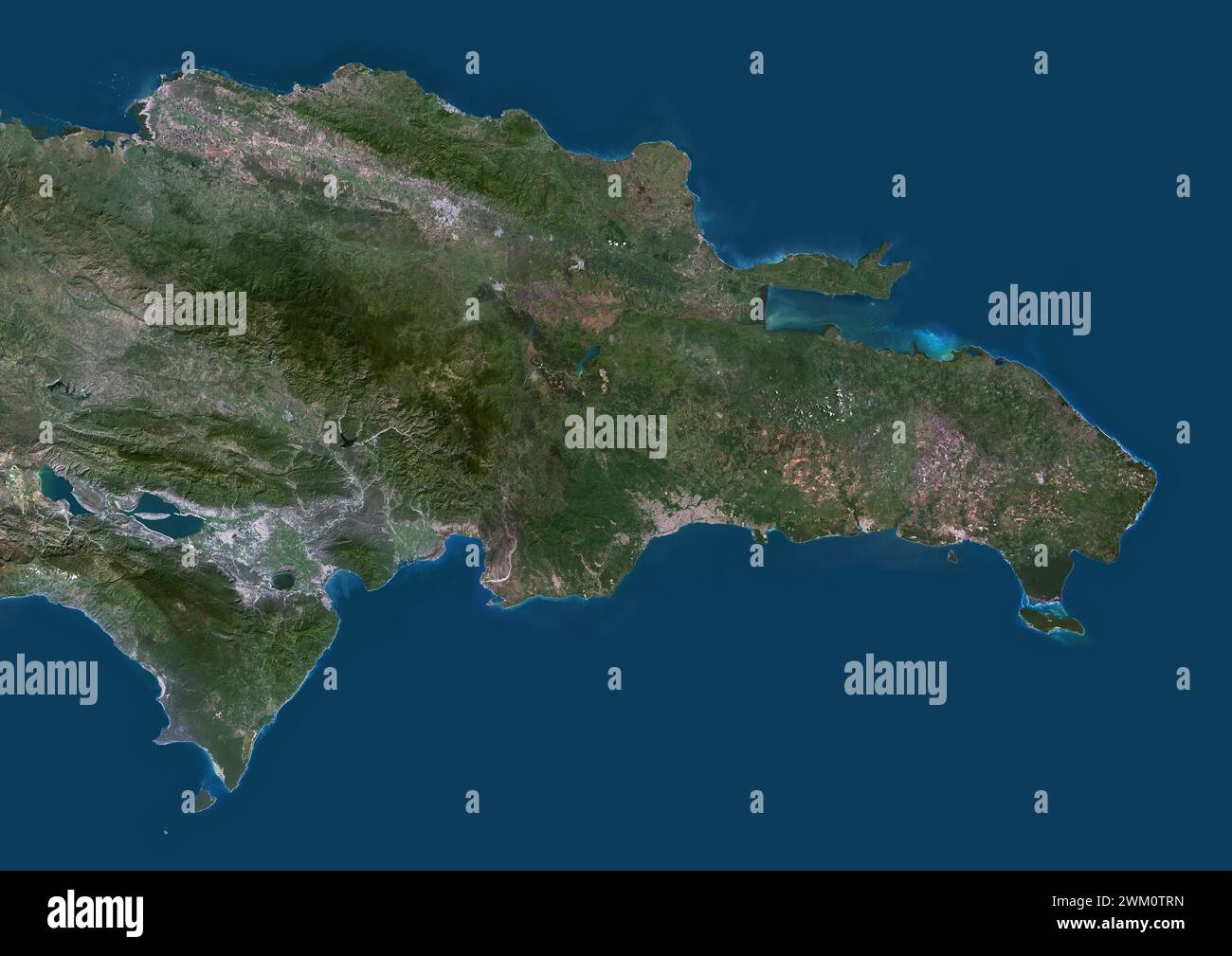 Farb-Satellitenbild der Dominikanischen Republik. Stockfoto