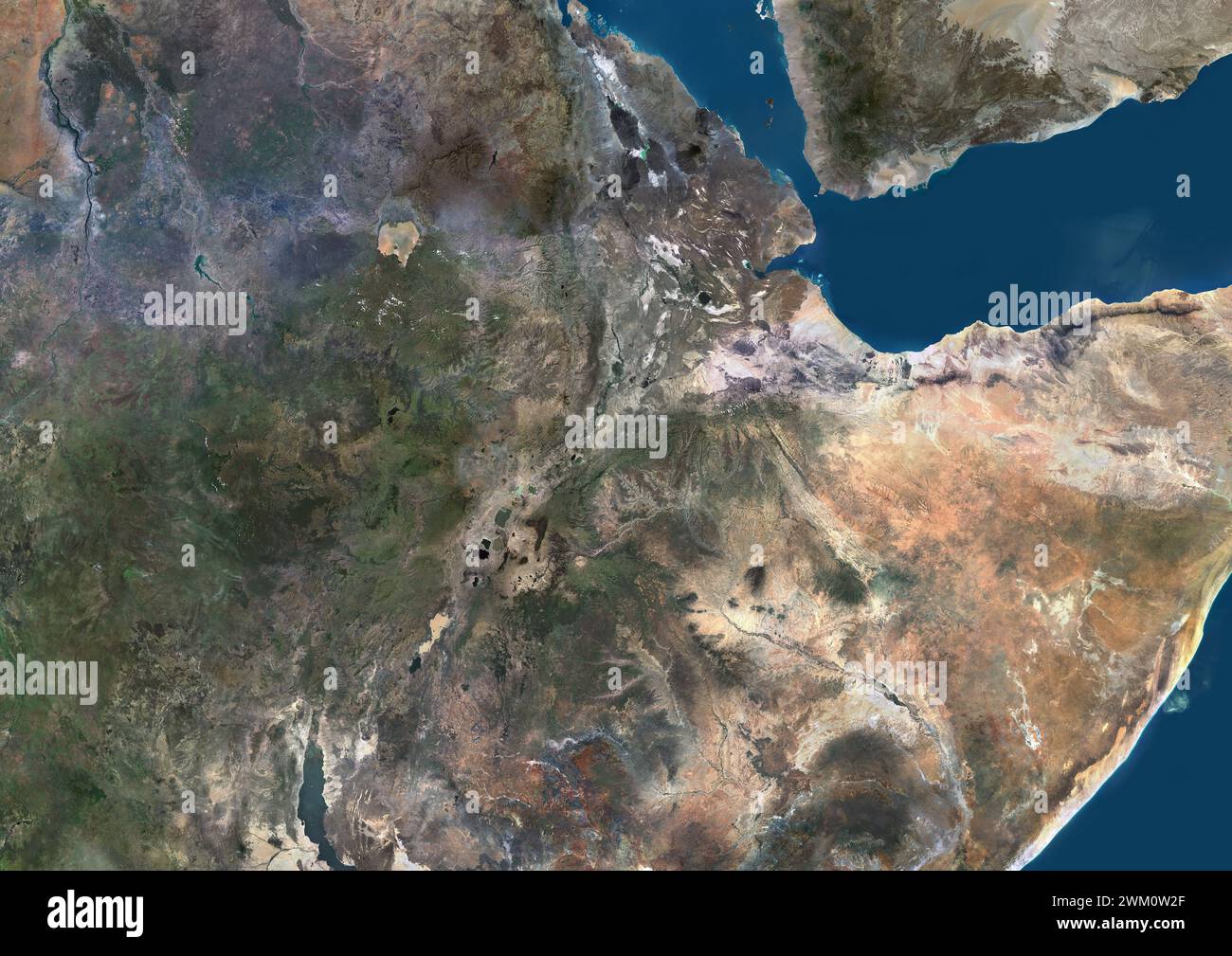 Farb-Satellitenbild Äthiopiens und seiner Nachbarländer am Horn von Afrika. Stockfoto