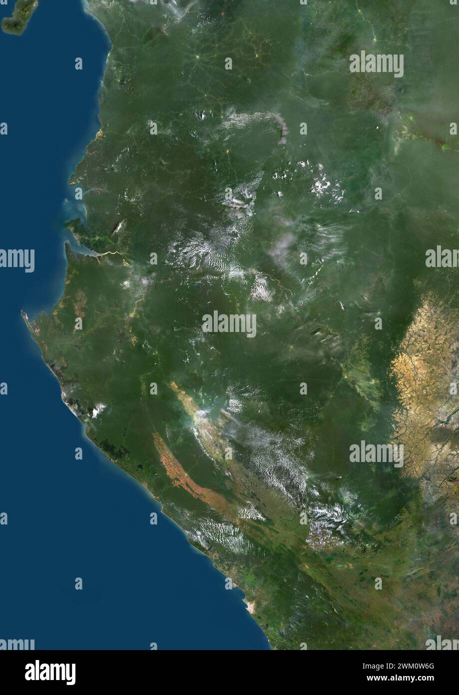 Farb-Satellitenbild von Gabun, Äquatorialguinea und anderen Nachbarländern. Stockfoto