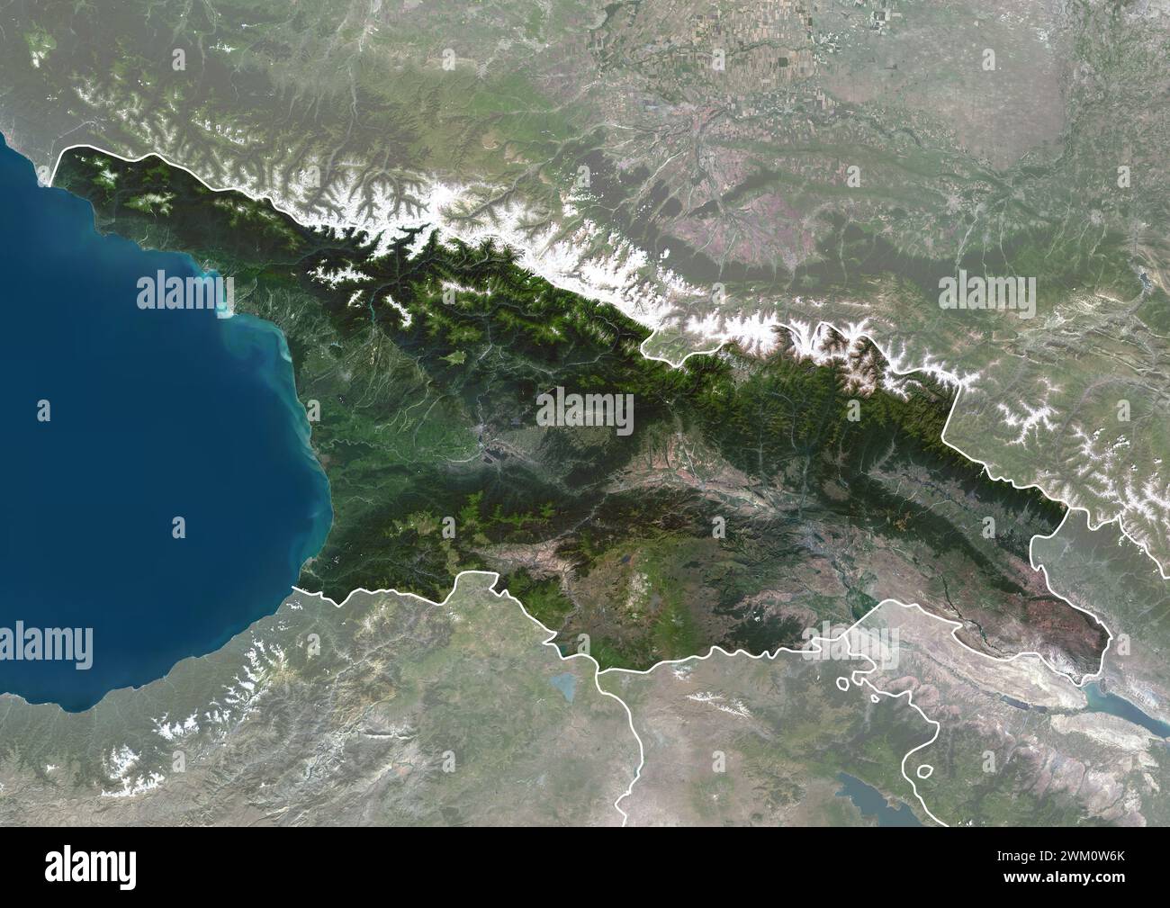 Farb-Satellitenbild von Georgien, mit Grenzen und Maske. Stockfoto