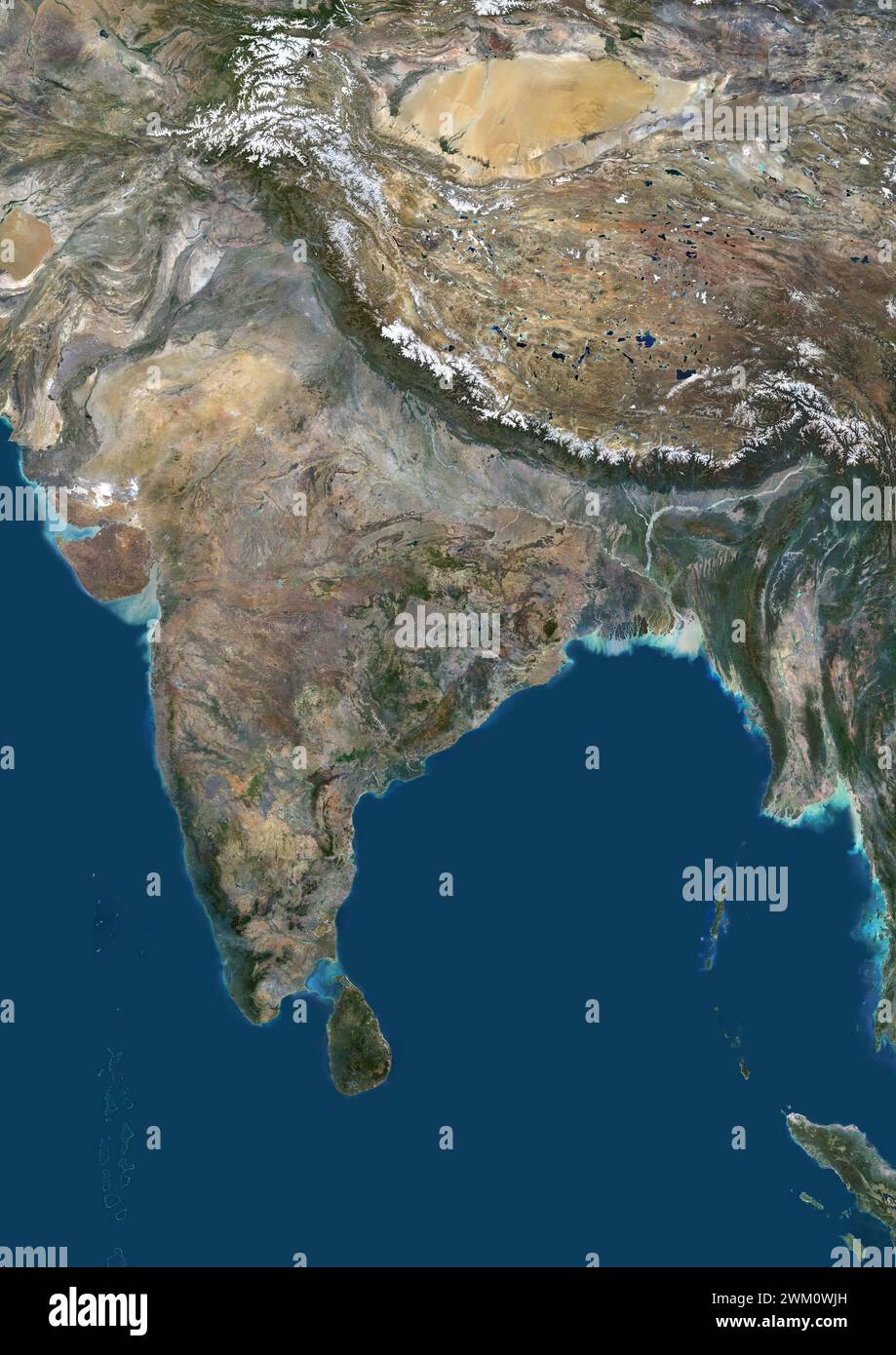 Farb-Satellitenbild von Indien und Nachbarländern. Stockfoto