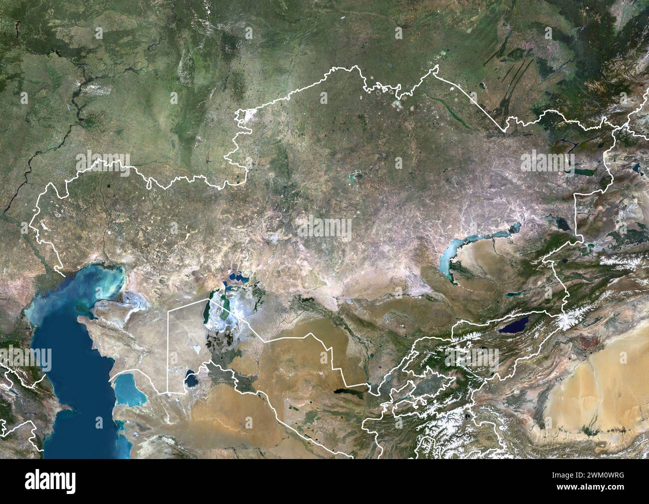 Farbsatellitenbild Kasachstans und seiner Nachbarländer. Stockfoto