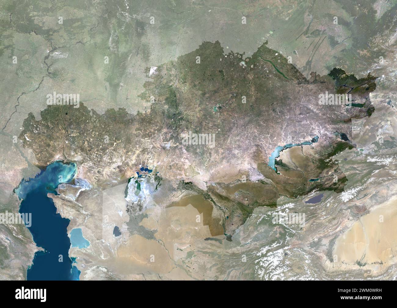 Farb-Satellitenbild Kasachstans, mit Maske. Stockfoto
