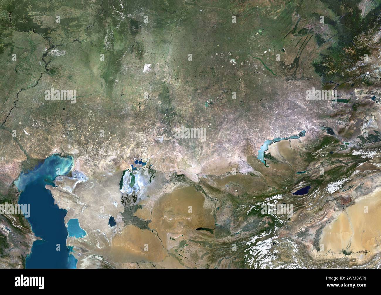 Farb-Satellitenbild Zentralasiens mit Schwerpunkt Kasachstan. Stockfoto