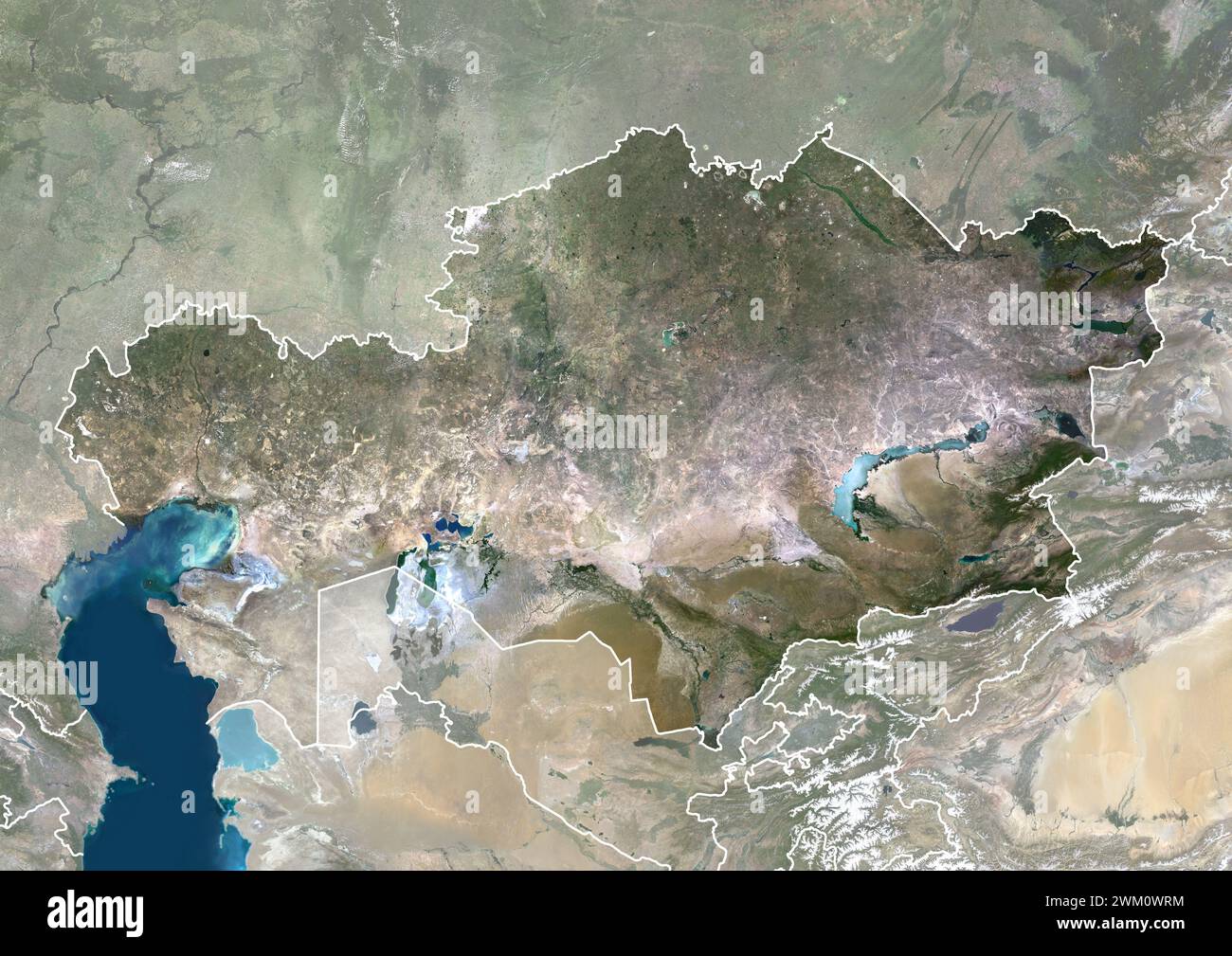 Farb-Satellitenbild Kasachstans, mit Rändern und Maske. Stockfoto