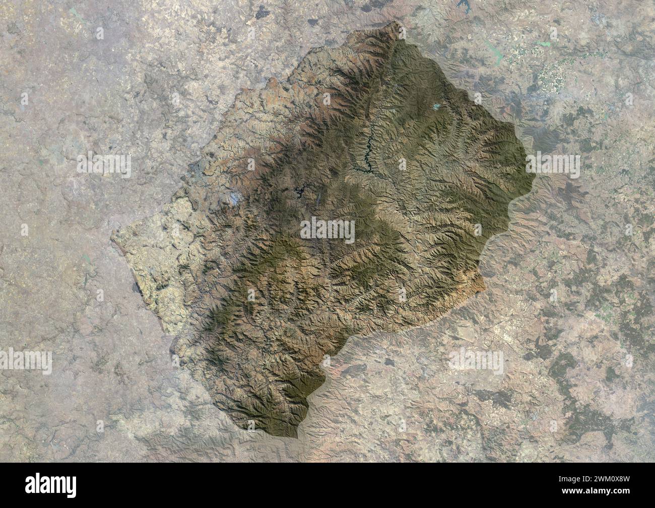 Farb-Satellitenbild von Lesotho, mit Maske. Stockfoto