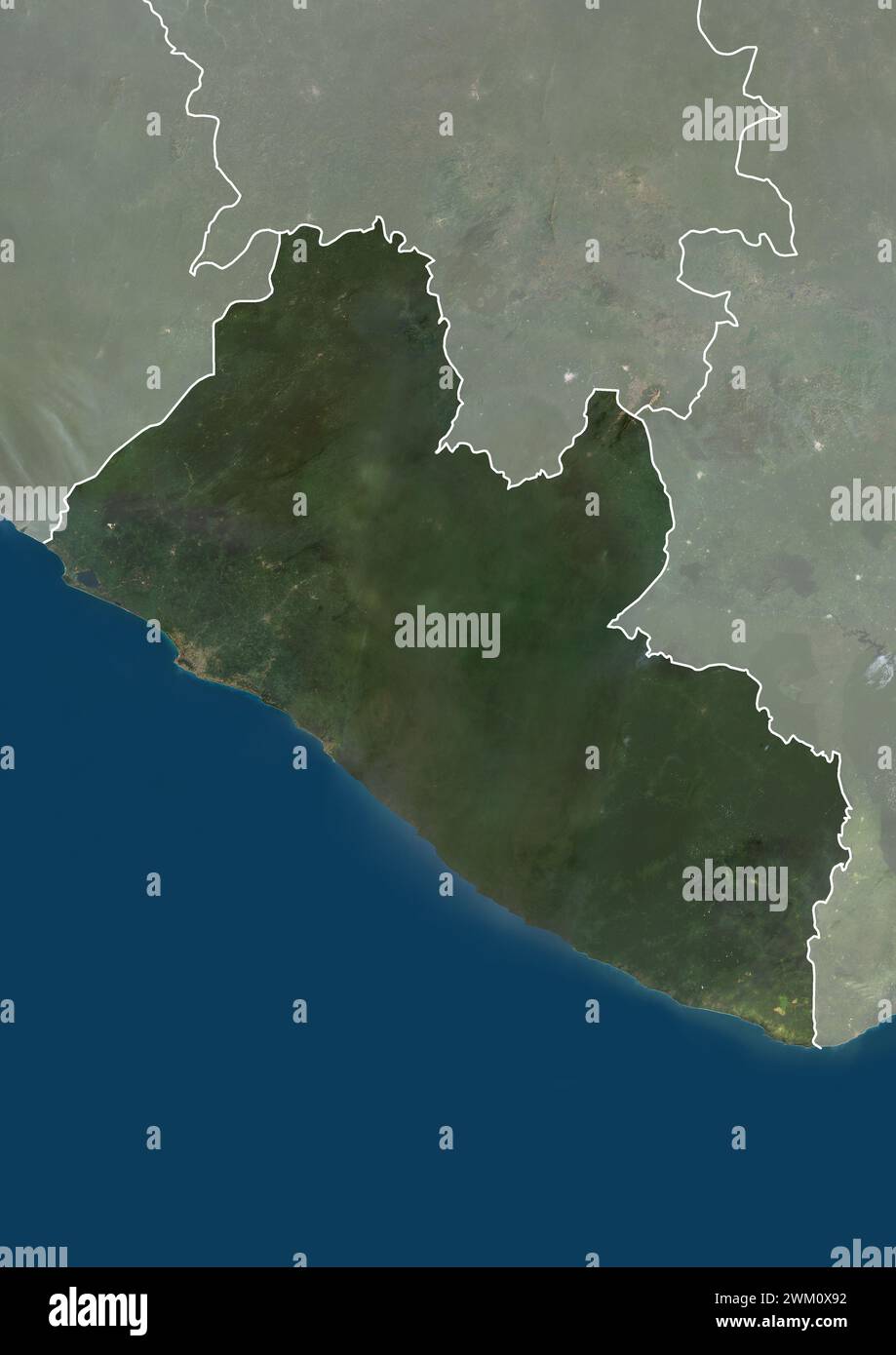 Farb-Satellitenbild von Liberia, mit Grenzen und Maske. Stockfoto