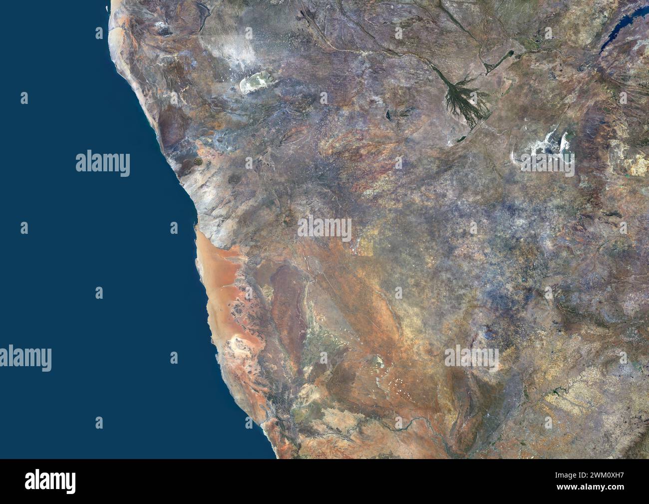 Farb-Satellitenbild Namibias und der Nachbarländer. Stockfoto