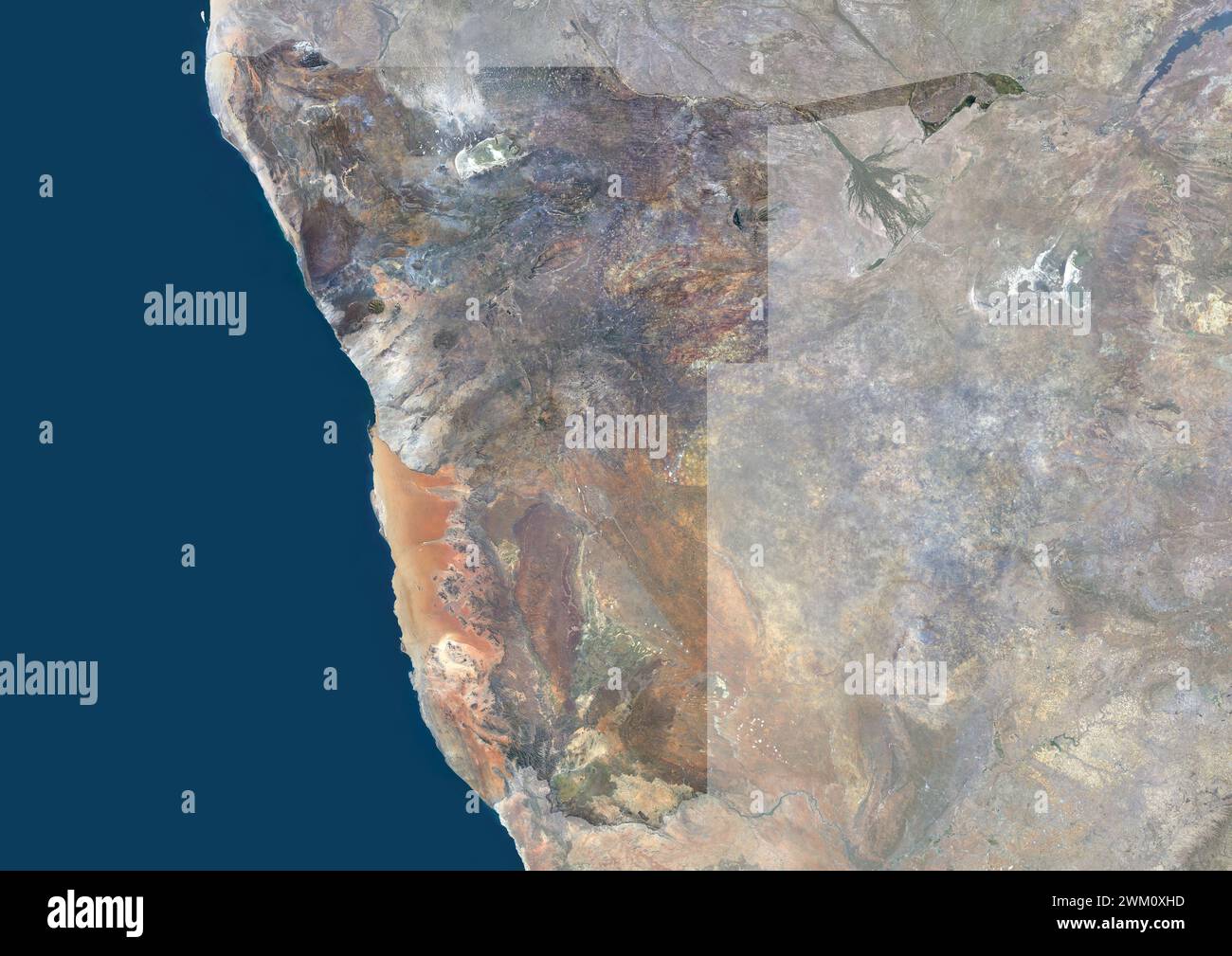Farb-Satellitenbild Namibias, mit Maske. Stockfoto