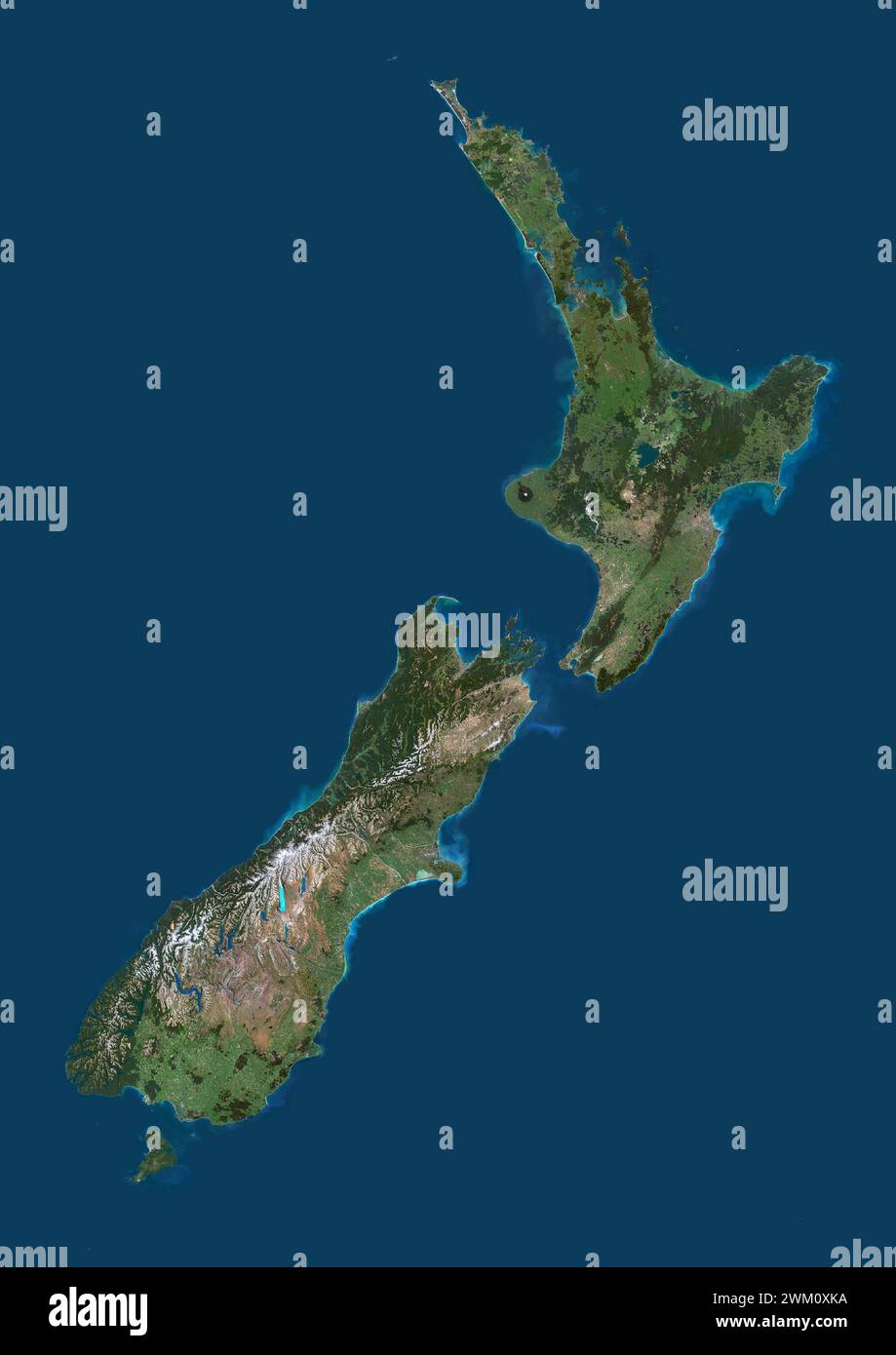 Farb-Satellitenbild von Neuseeland. Stockfoto