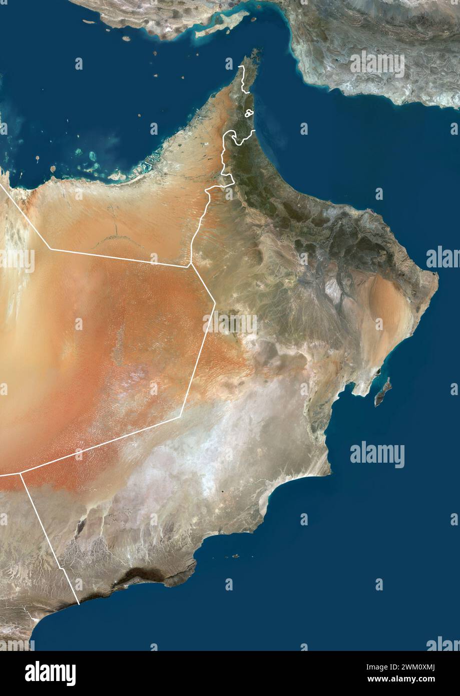 Farb-Satellitenbild des Oman und der Nachbarländer. Stockfoto