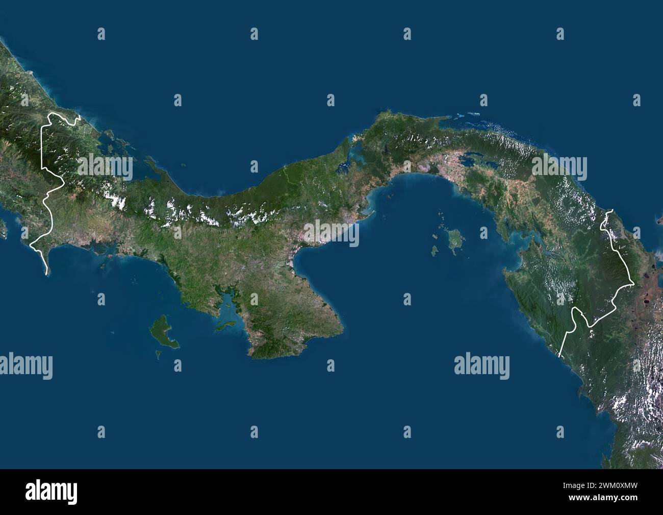 Farb-Satellitenbild von Panama und Nachbarländern, mit Grenzen. Stockfoto