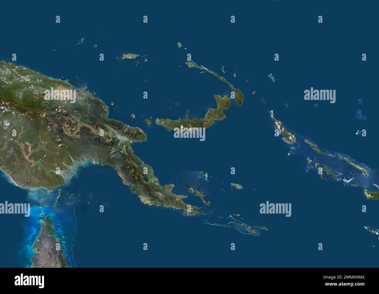Farb-Satellitenbild von Papua-Neuguinea und den Nachbarländern. Stockfoto