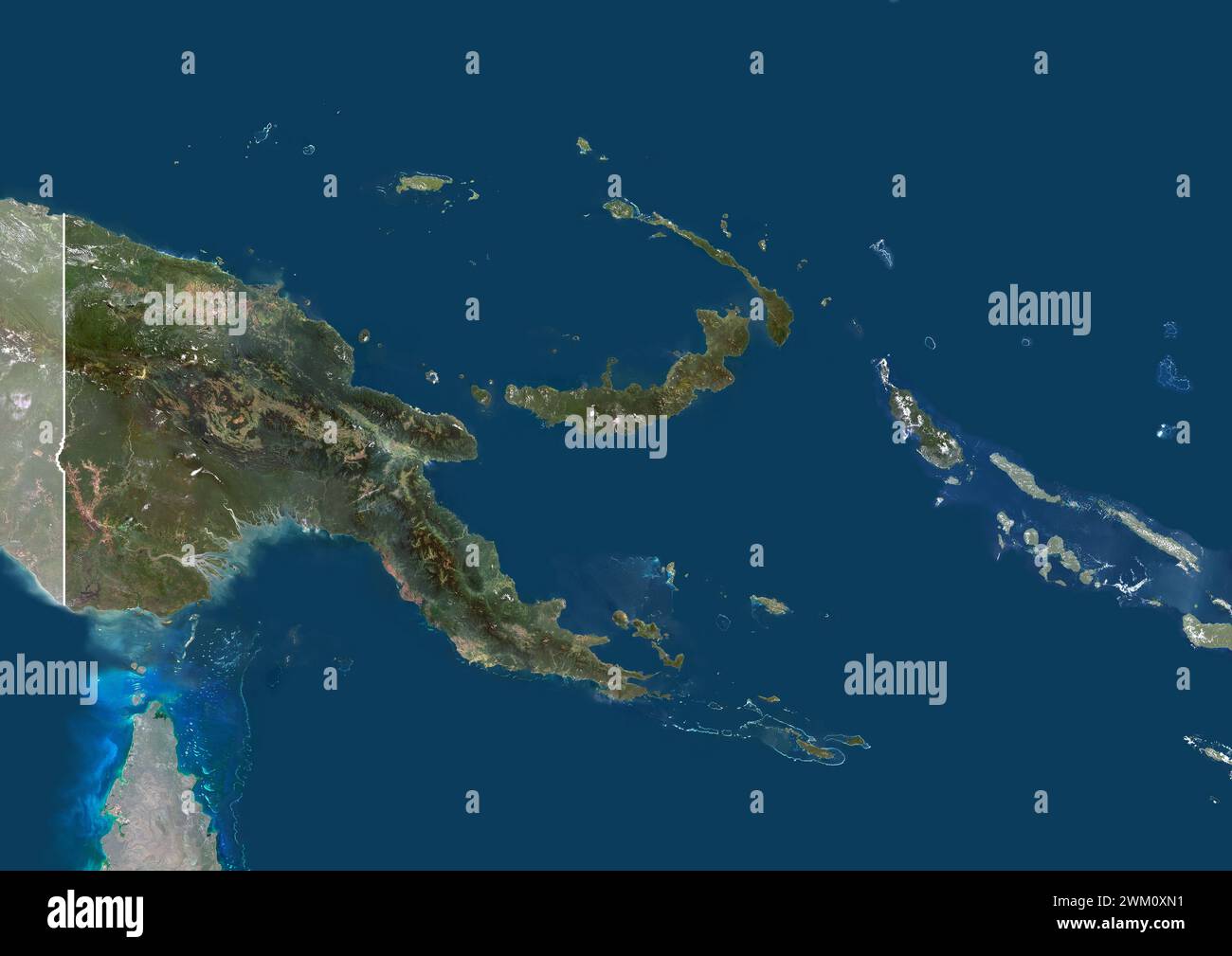 Farb-Satellitenbild von Papua-Neuguinea, mit Rändern und Maske. Stockfoto