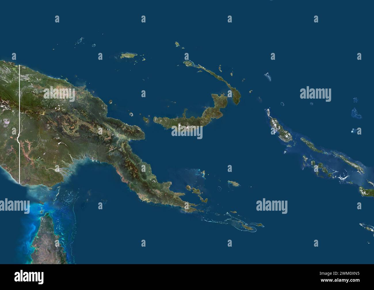 Farb-Satellitenbild von Papua-Neuguinea und den Nachbarländern, mit Grenzen. Stockfoto