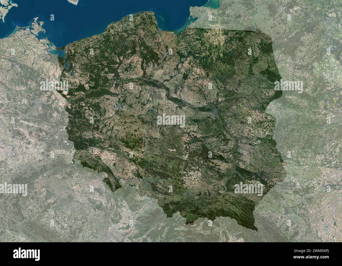 Farb-Satellitenbild von Polen, mit Maske. Stockfoto
