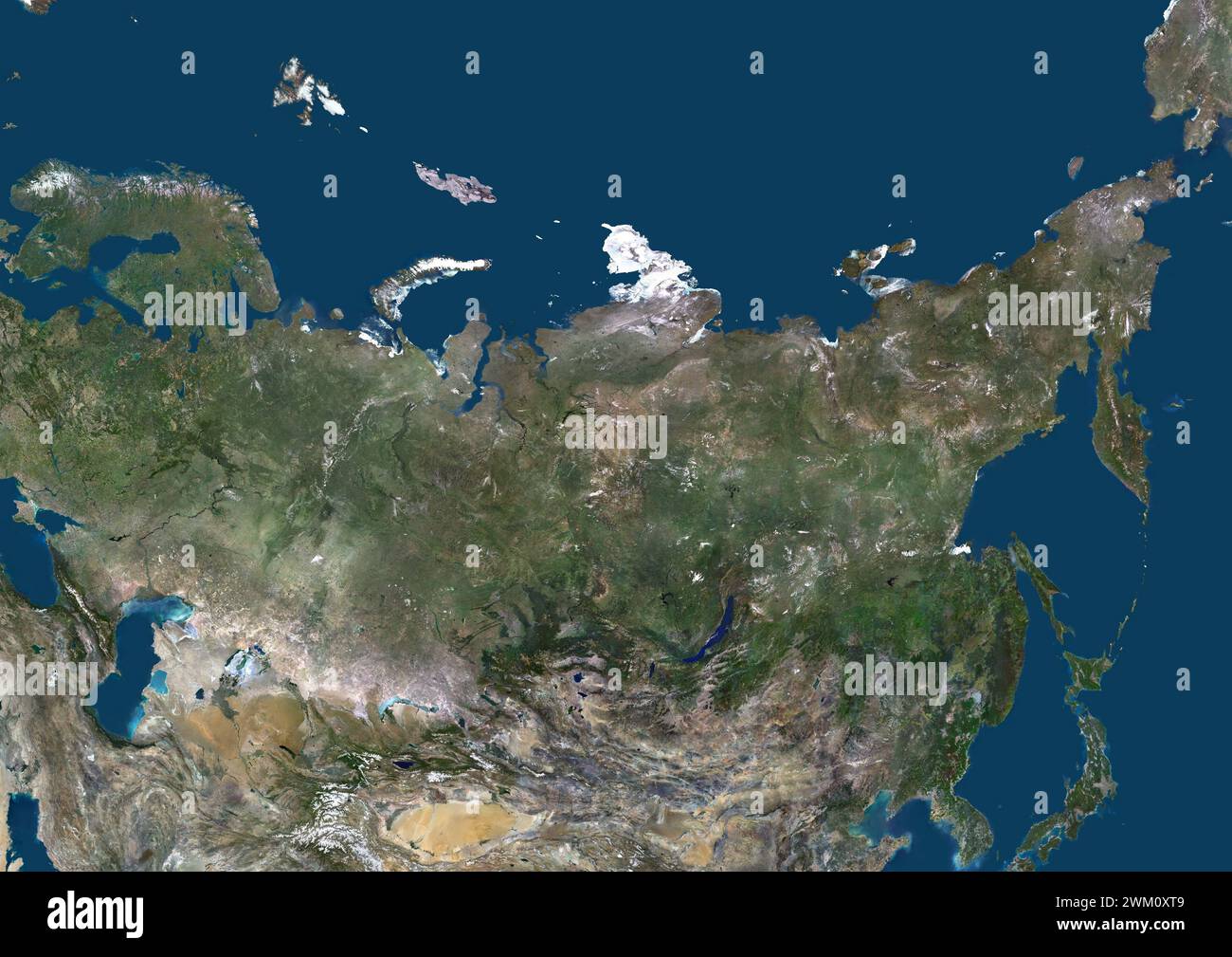 Farb-Satellitenbild von Russland und Nordasien. Stockfoto