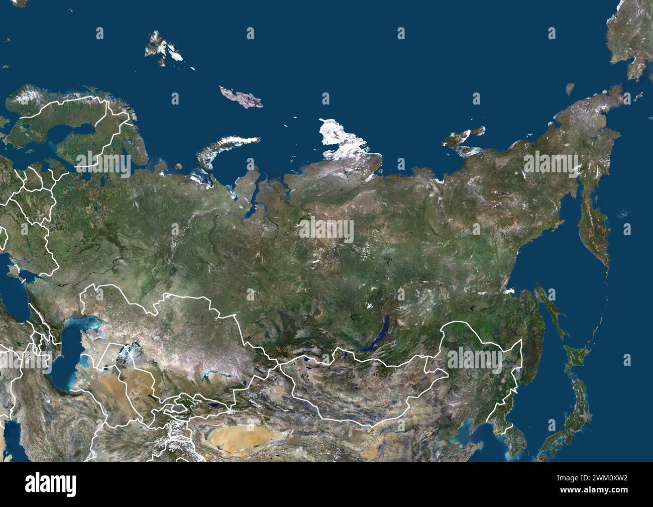 Farb-Satellitenbild von Russland und Nordasien, mit Grenzen. Stockfoto