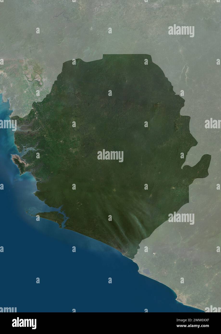 Farbsatellitenbild von Sierra Leone und den Nachbarländern. Stockfoto