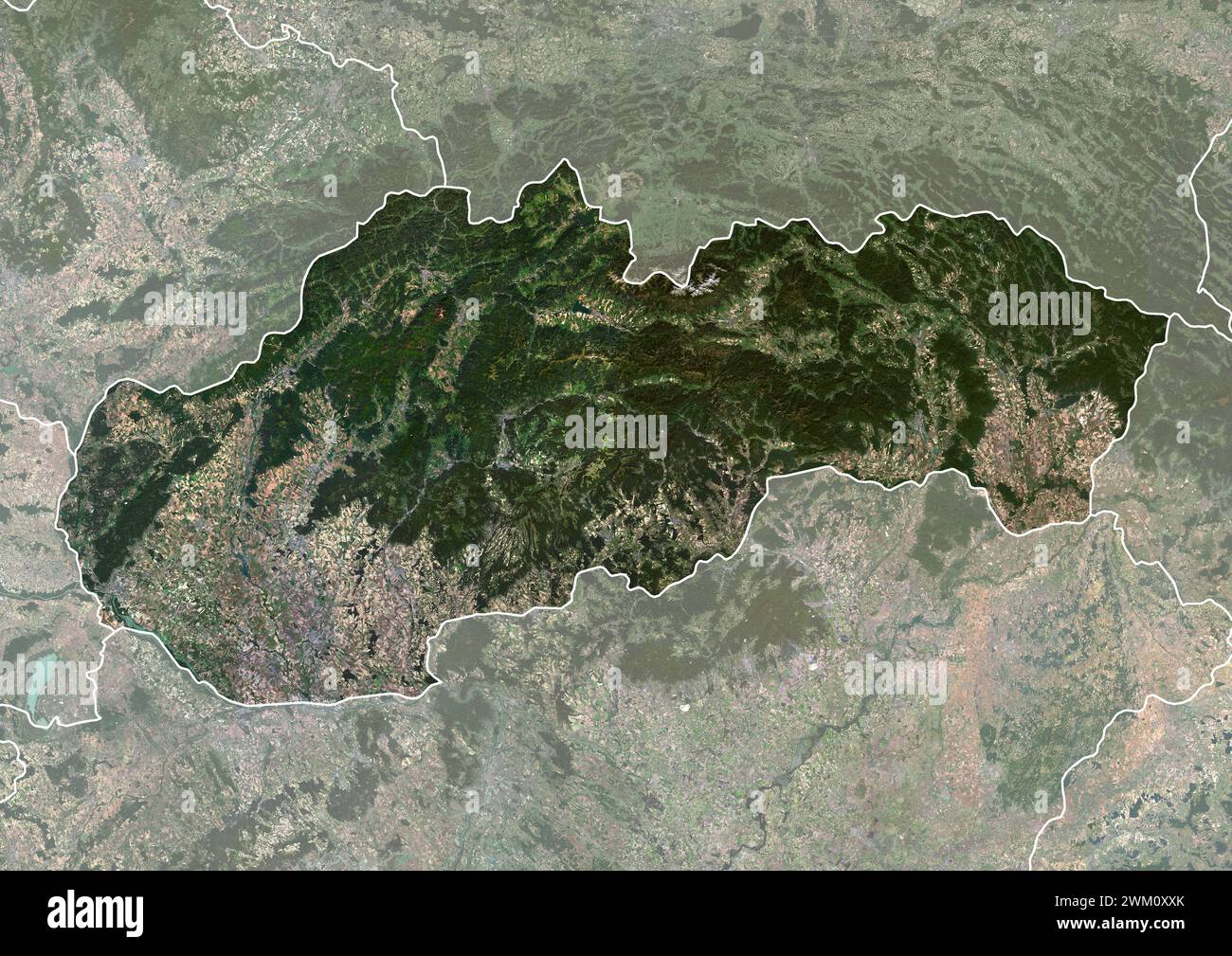 Farb-Satellitenbild der Slowakei, mit Grenzen und Maske. Stockfoto