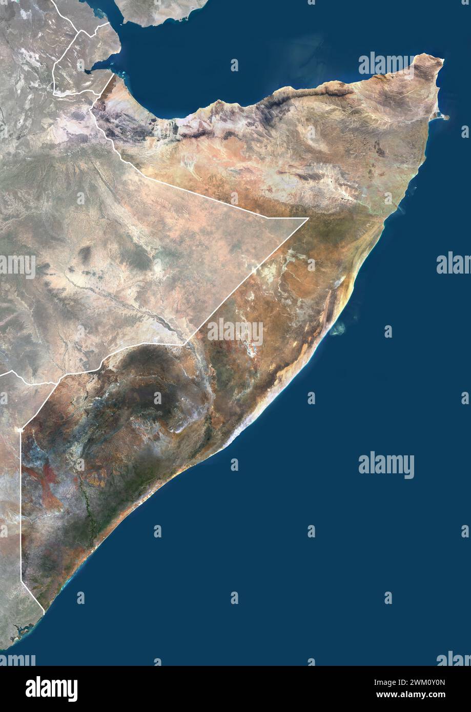 Farb-Satellitenbild von Somalia, mit Grenzen und Maske. Stockfoto