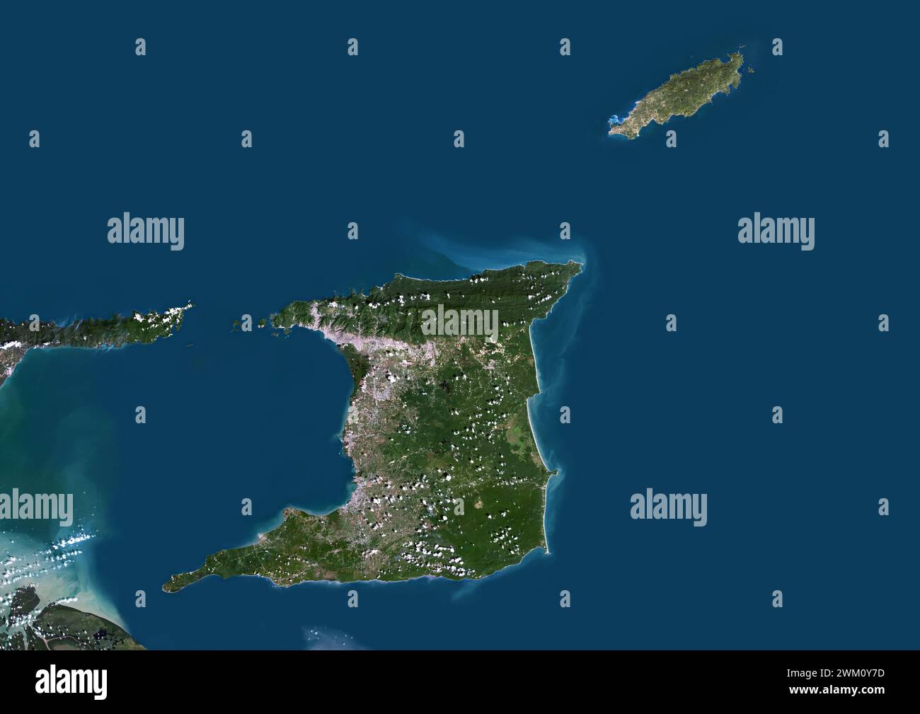 Farb-Satellitenbild von Trinidad und Tobago. Stockfoto