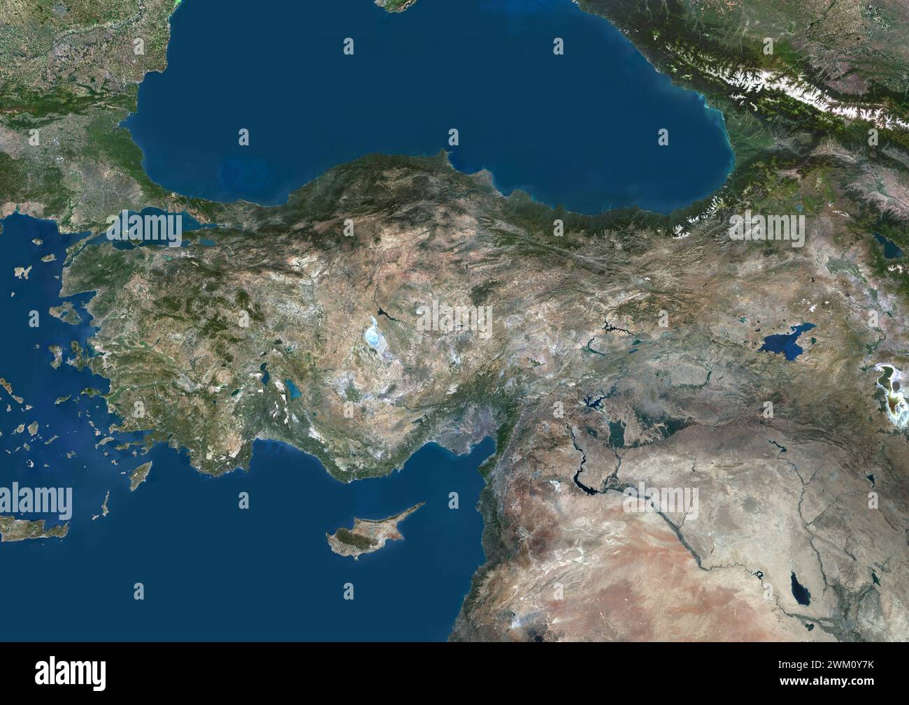 Farb-Satellitenbild der Türkei und der Nachbarländer. Stockfoto