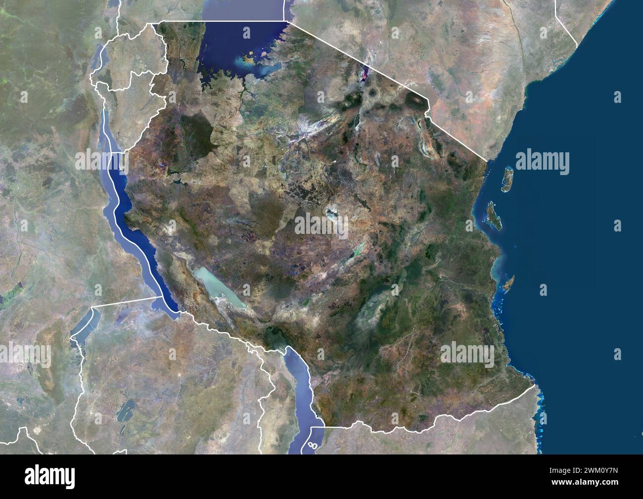 Farb-Satellitenbild von Tansania, mit Rändern und Maske. Stockfoto