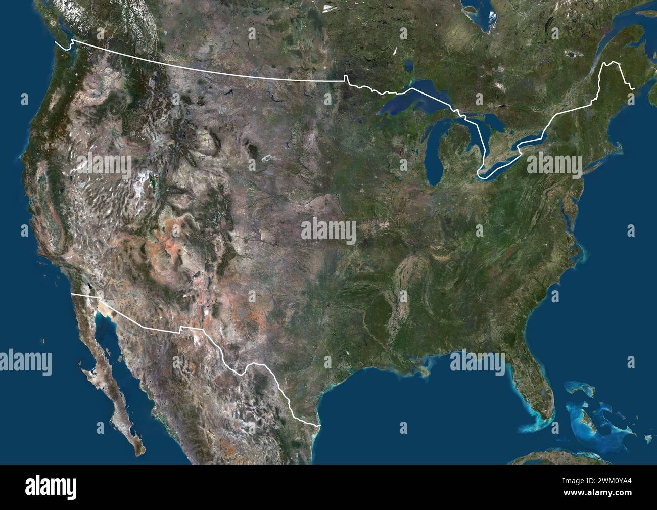 Farb-Satellitenbild der Vereinigten Staaten und Nachbarländer mit Grenzen. Stockfoto