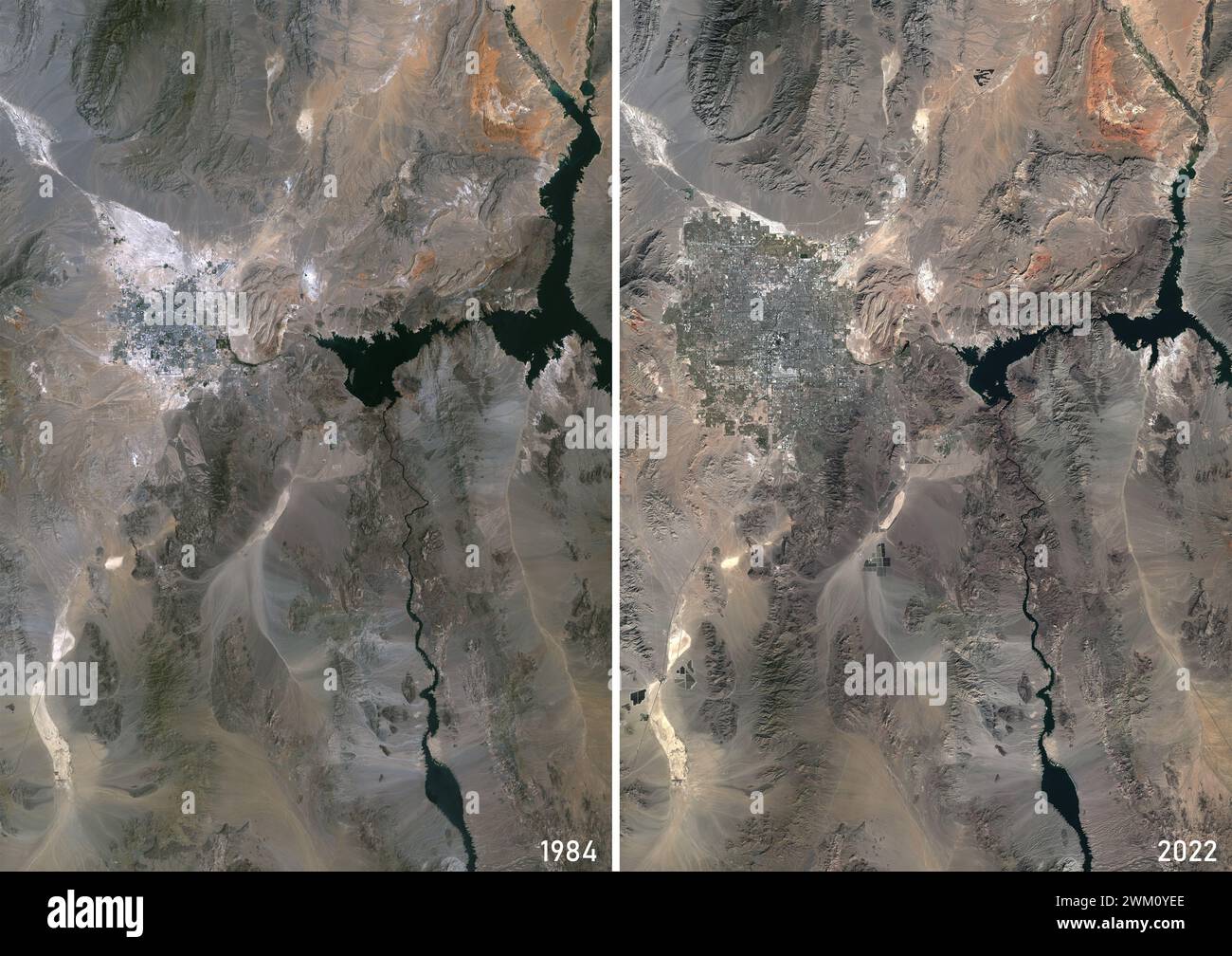Farb-Satellitenbild von Las Vegas, Nevada in den Jahren 1984 und 2022. Stockfoto