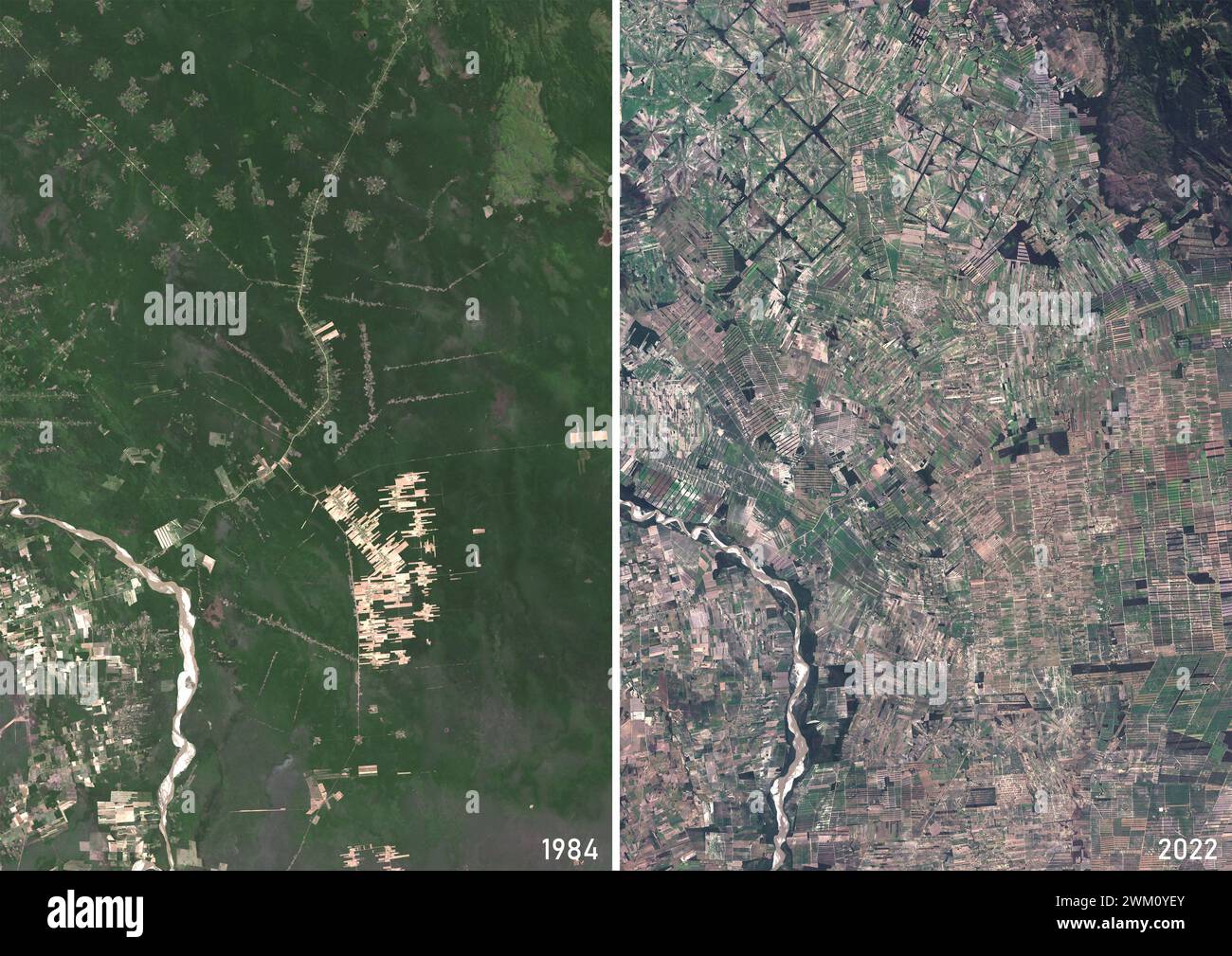 Farb-Satellitenbild von San Julian Siedlungen und Entwaldung in Bolivien in den Jahren 1984 und 2022. Stockfoto