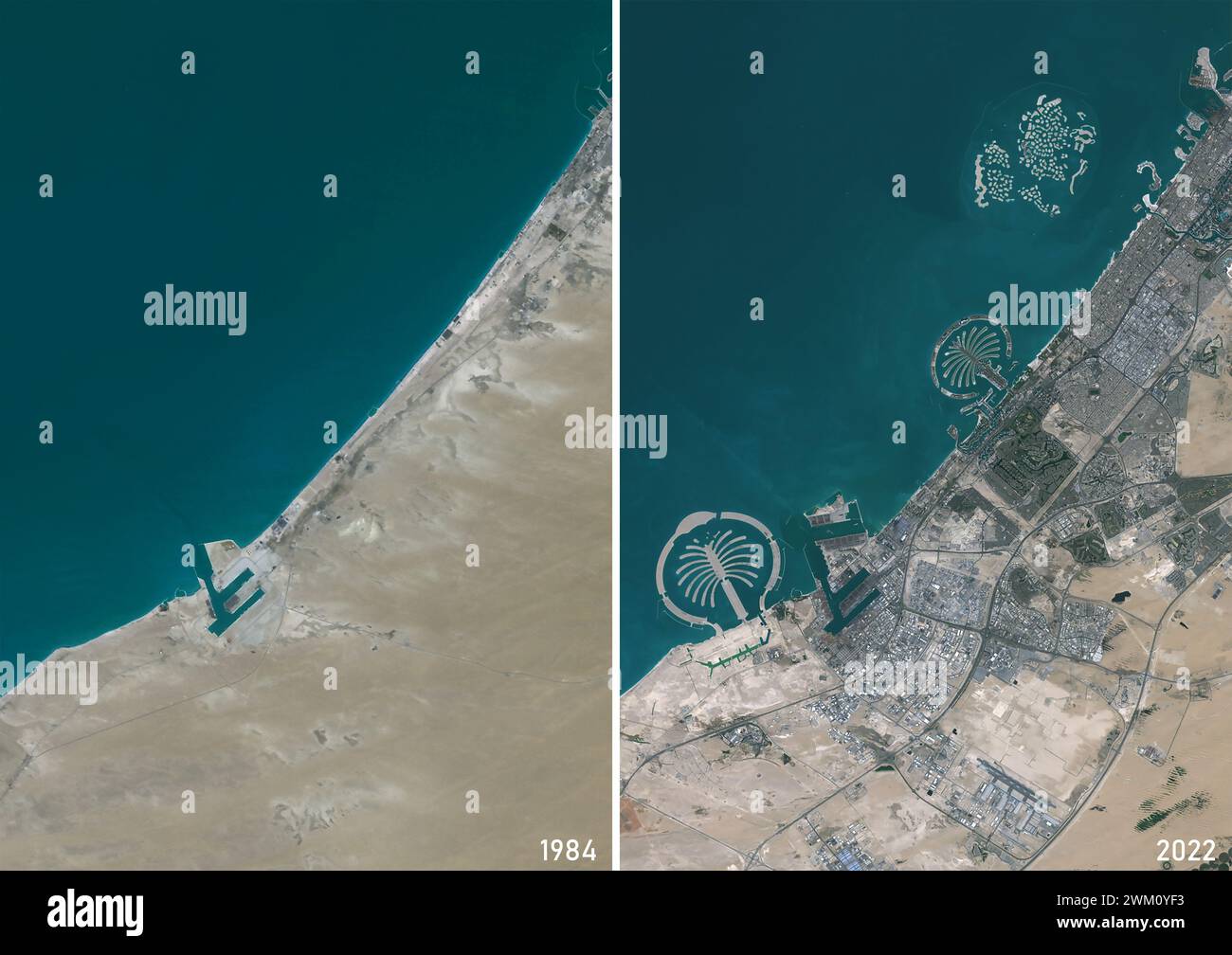 Farb-Satellitenbild von Dubai in den Jahren 1984 und 2022. Stockfoto