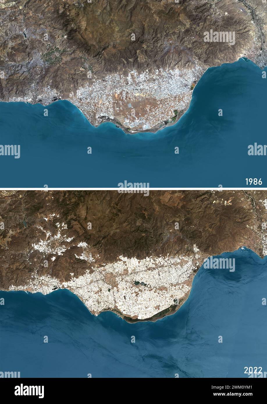 Farb-Satellitenbild der Intensivlandwirtschaft in Almeria, Spanien zwischen 1986 und 2022. Die Bilder zeigen, wie sich das von Gewächshäusern gebildete „Plastikmeer“ ausgebreitet hat. Stockfoto