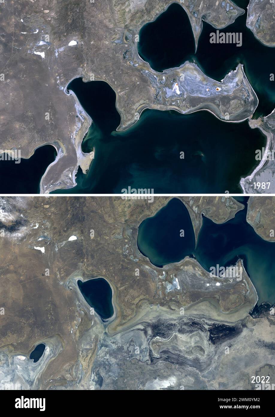 Farb-Satellitenbild des Schrumpfens des Aralmeeres zwischen 1986 und 2022. Stockfoto