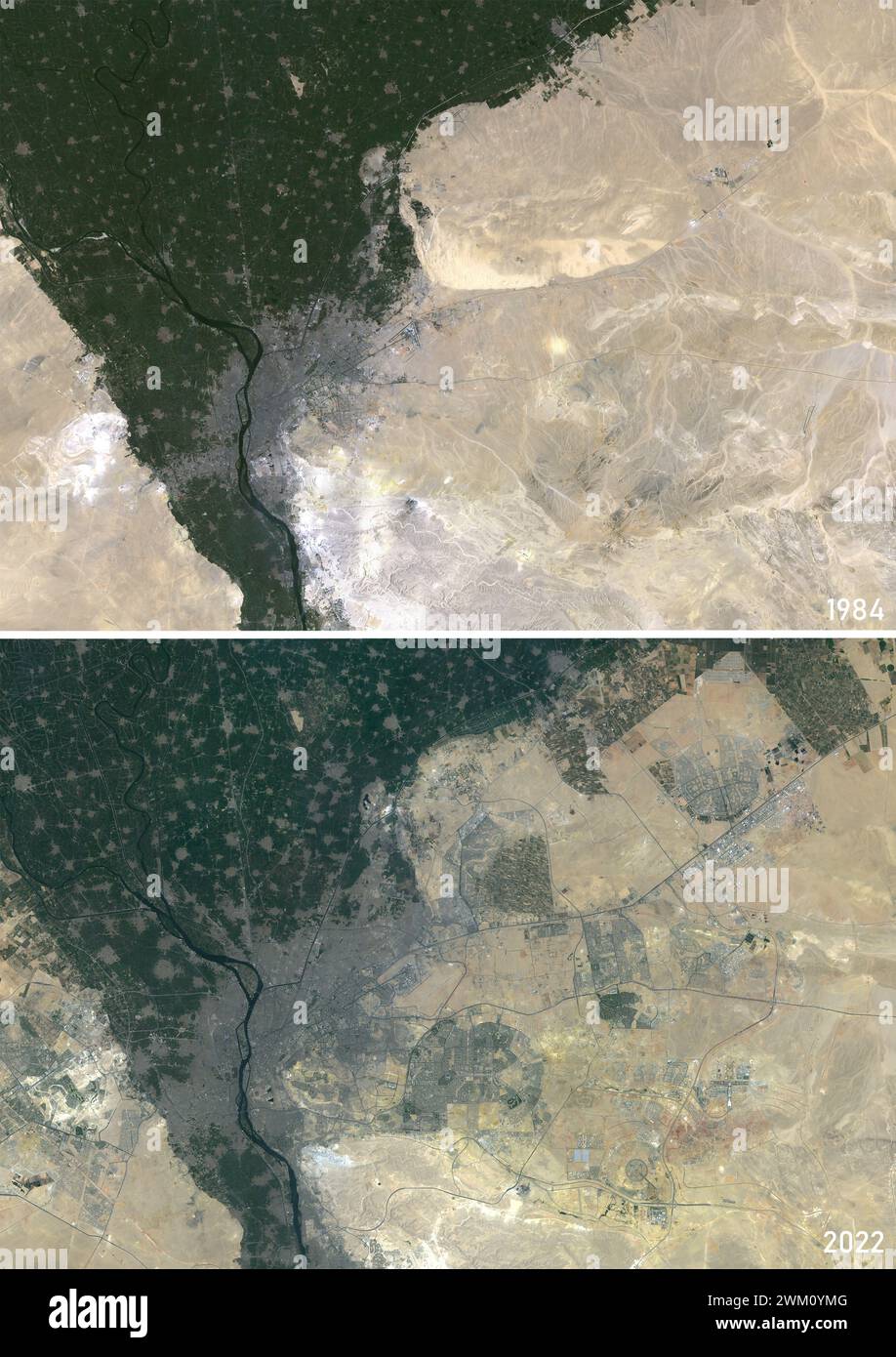 Farb-Satellitenbild von Kairo, Ägypten in den Jahren 1984 und 2022. Das Bild aus dem Jahr 2022 zeigt die neu erbaute Stadt Kairo. Stockfoto