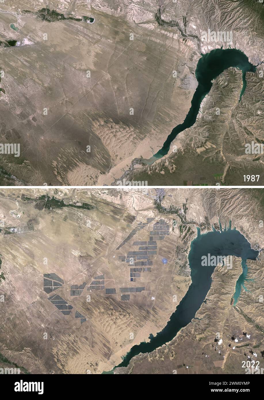 Farb-Satellitenbild des Longyangxia Dam Reservoir 1987 und des Longyangxia Dam Solar Park 2022, der nördlich des Reservoir schnell gewachsen ist. Der Standort befindet sich in der westlichen chinesischen Provinz Qinghai. Stockfoto