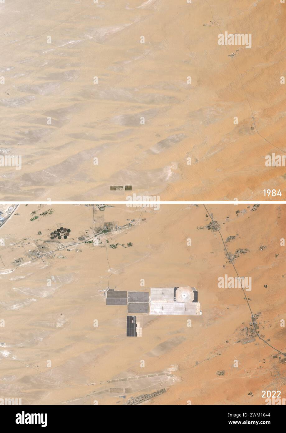 Farb-Satellitenbild mit einer Wüstenregion im Emirat Abu Dhabi in den Jahren 1984 und 2022, vor und nach der Installation des Solarparks Noor Energy 1. Stockfoto