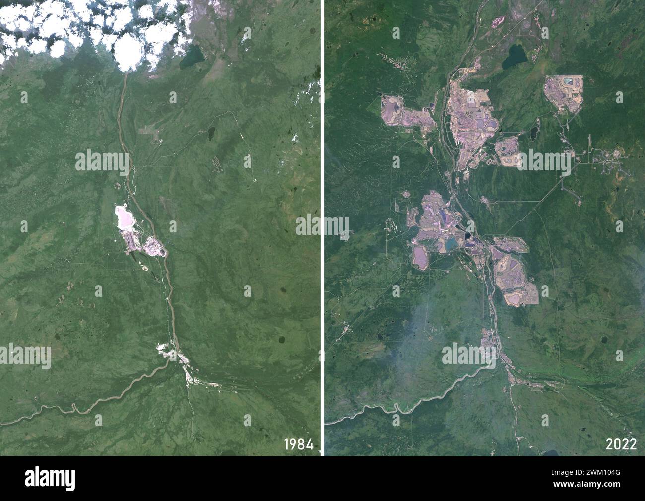Farb-Satellitenbild von Fort McKay, Alberta, Kanada in den Jahren 1984 und 2022, vor und nach der Ausbeutung von Teersanden oder Ölsanden. Stockfoto