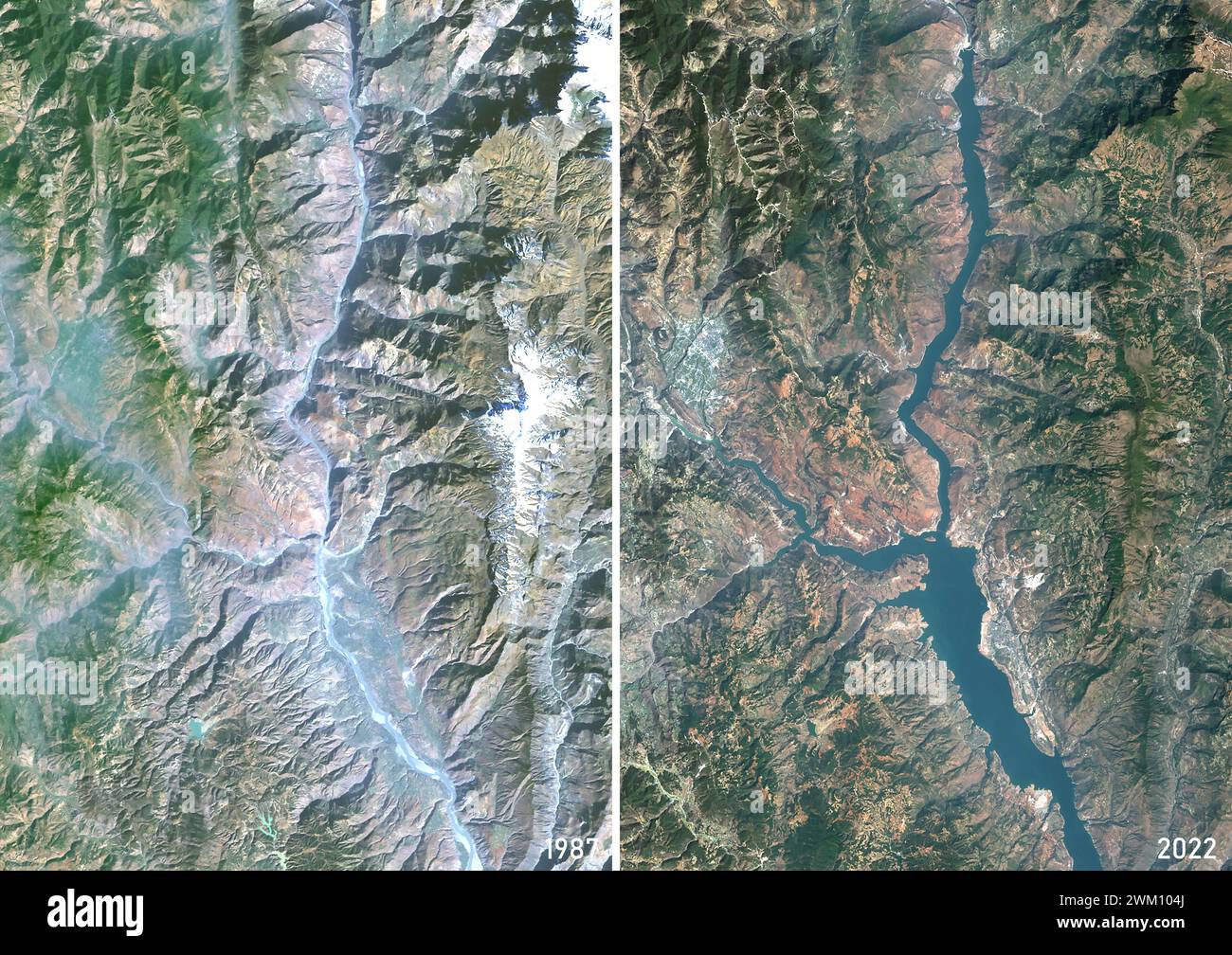 Farb-Satellitenbild des Jinsha-Flusses in den Jahren 1987 und 2022, vor und nach dem Bau des Baihetan-Staudamms. Das Bild zeigt den Jinsha-Fluss, einen oberen Abschnitt des Yangtse-Flusses in den Provinzen Sichuan und Yunnan im Südwesten Chinas. Stockfoto
