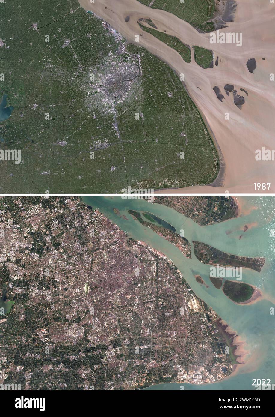 Farb-Satellitenbild von Shanghai, China in den Jahren 1987 und 2022. Stockfoto
