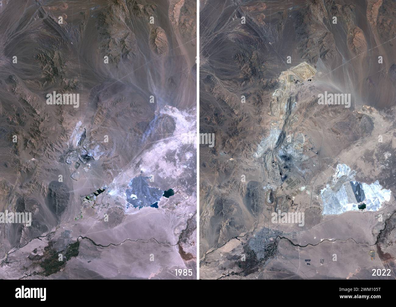 Farb-Satellitenbild der Kupfermine Chuquicatama in Chile in den Jahren 1985 und 2023. Chuquicamata, auch Chuqui genannt, ist die größte Tagebau-Kupfermine der Welt, was das Aushubvolumen betrifft. Stockfoto
