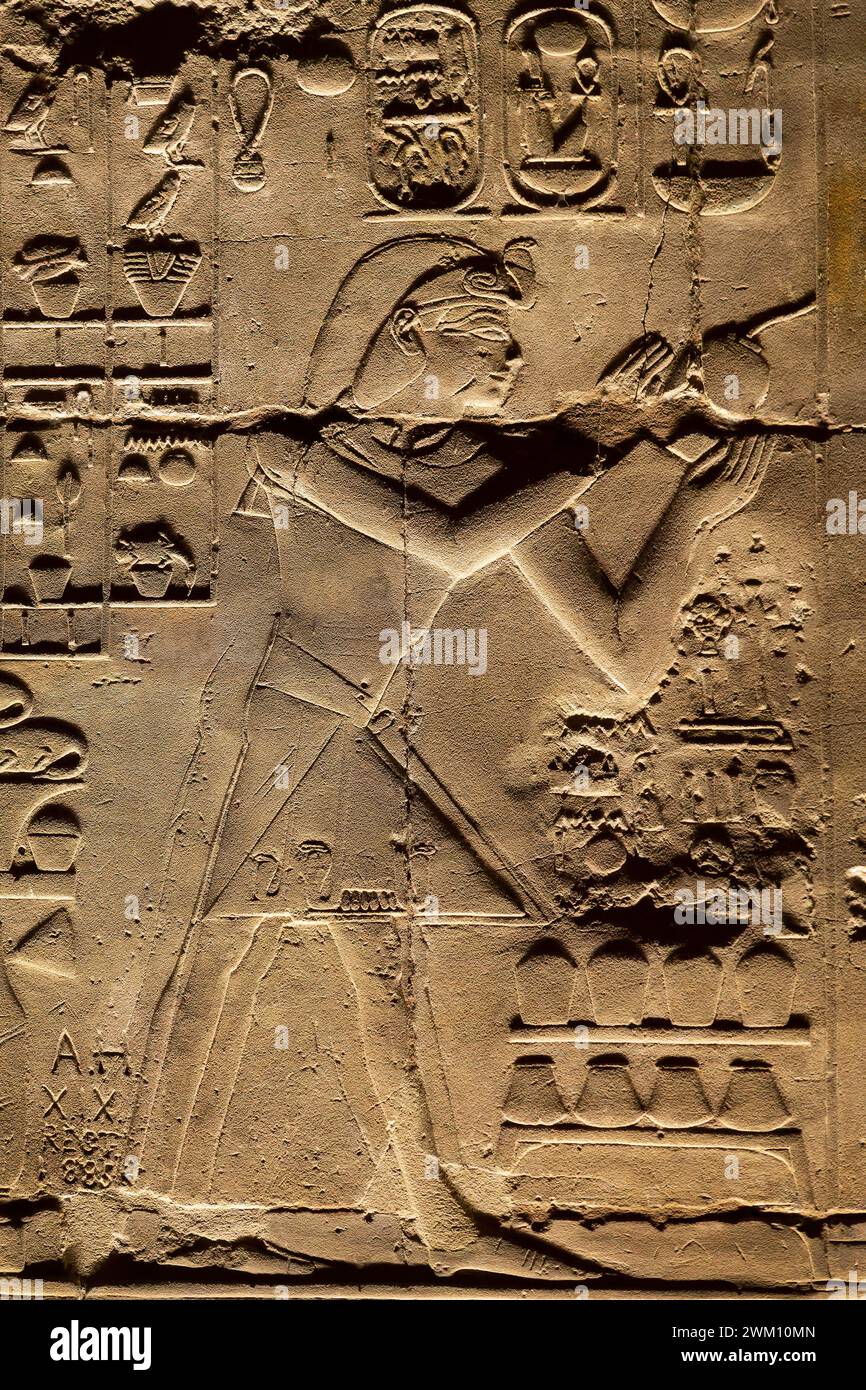Nahaufnahme des antiken ägyptischen Wandreliefs mit Hieroglyphen im Tempel von Luxor, Ägypten Stockfoto