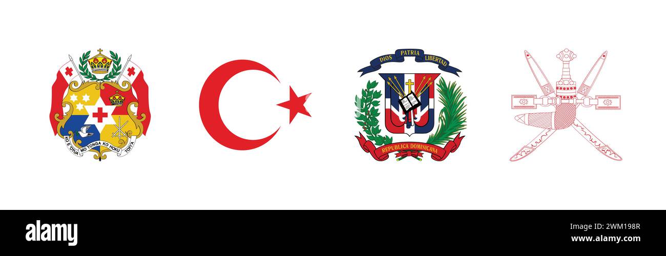 Wappen der Dominikanischen Republik, Wappen der Türkei, Wappen von Tonga, Emblem des Oman, beliebte Markenlogo-Kollektion. Stock Vektor
