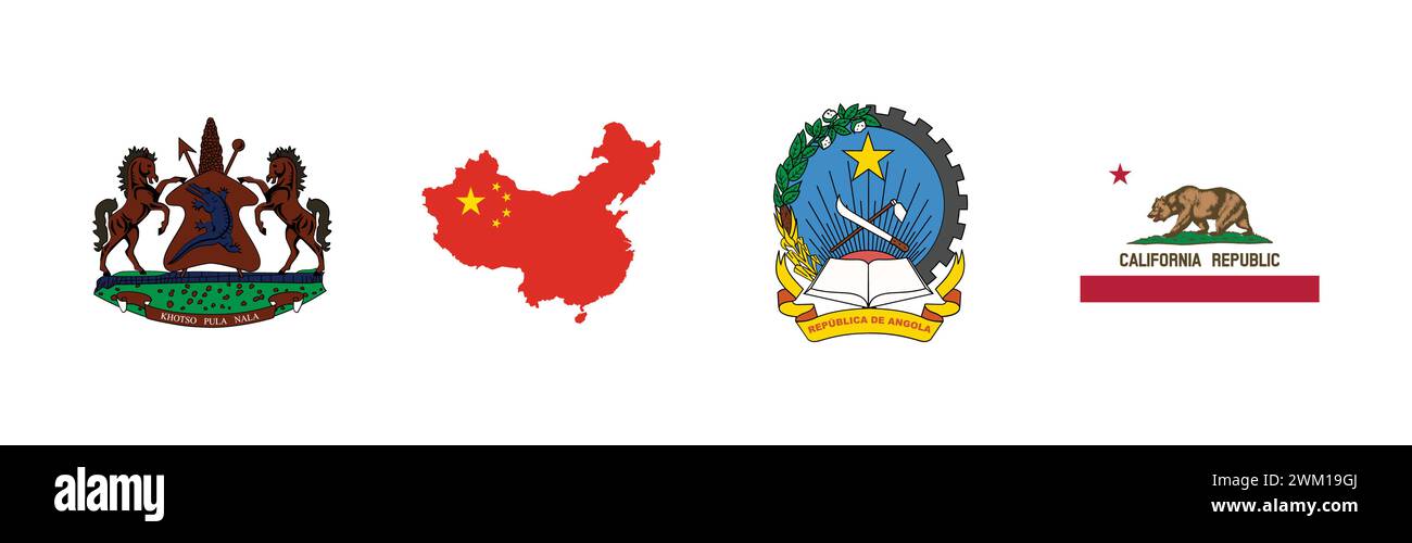 Flagge von Kalifornien, Flaggenkarte von China, Wappen von Lesotho, Wappen von Angola, beliebte Markenlogo-Kollektion. Stock Vektor